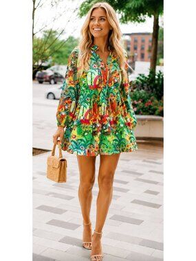 NWT Briton Court Eliza Mini Long Sleeve Dress Multicolor Print Size S $210 [jb]
